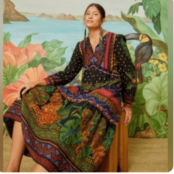 FARM Rio Dresses & Skirts - Farm Rio Forest Tapestry Midi Dress Geometric Jungle Linen Blend Tassel XS $265
